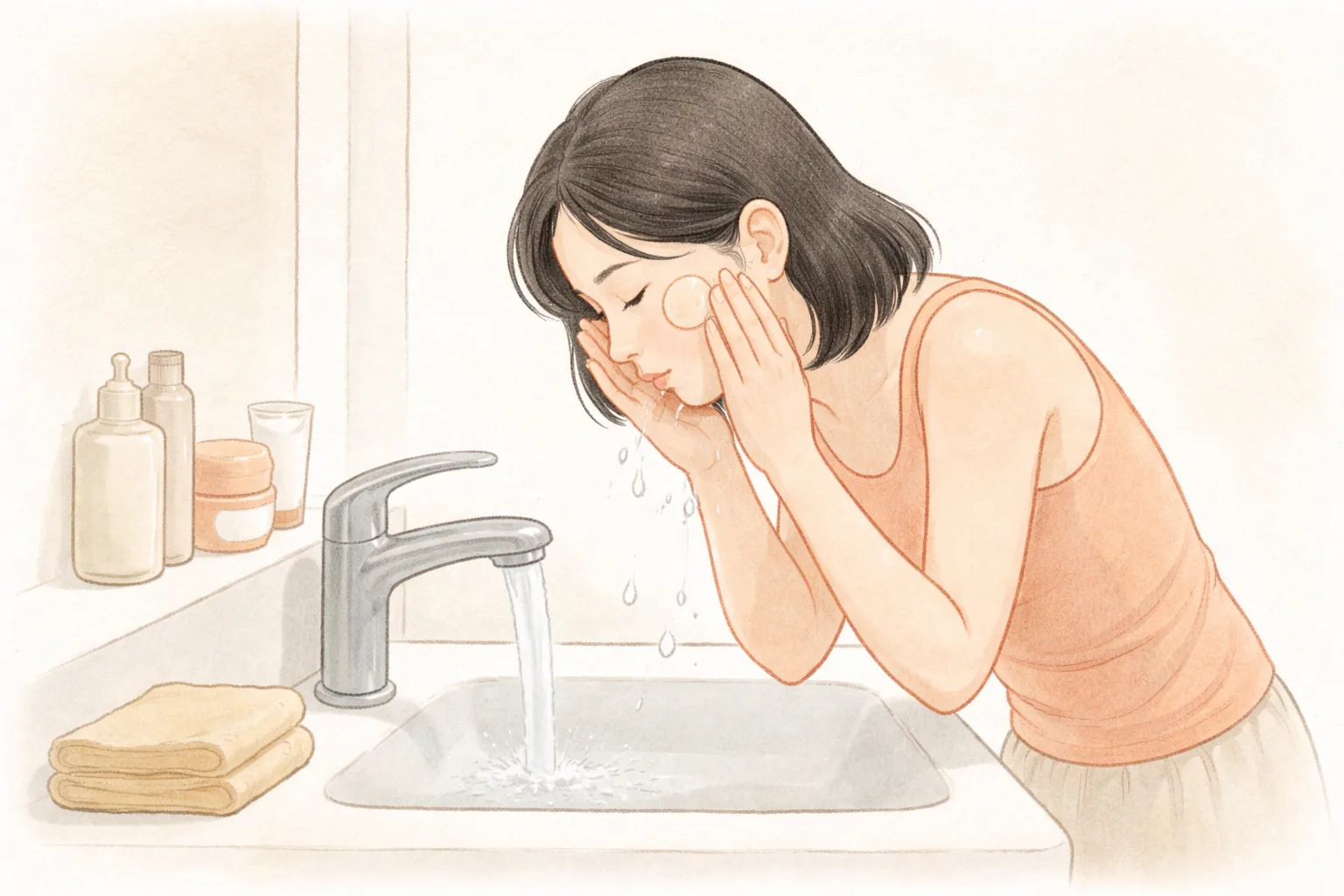 洗面台でぬるま湯で顔を軽く叩く女性、ほおに小さなドレッシングを貼付