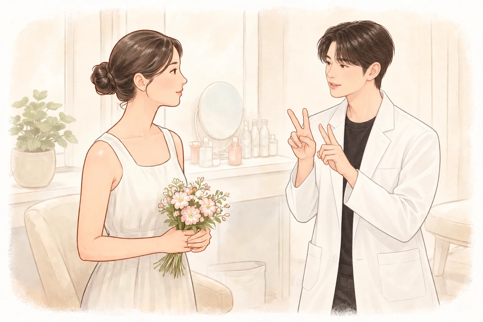 밝은 방에서 작은 부케를 든 여성과 의료진이 대화하는 모습