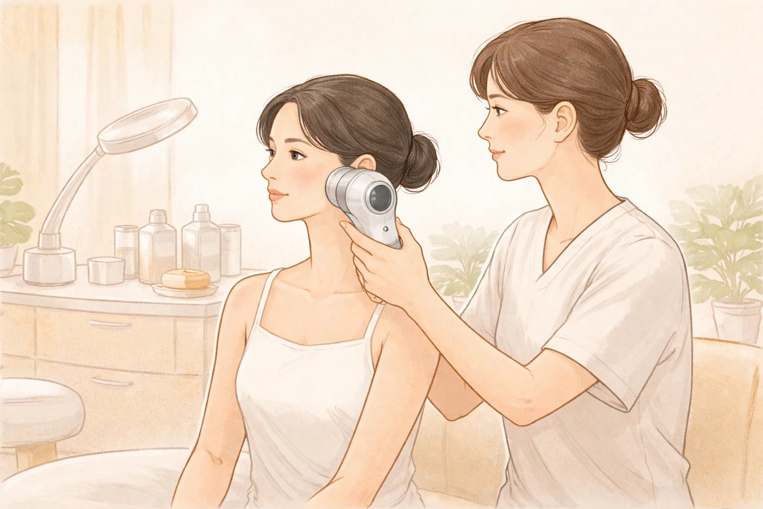 A clinician holding a skin analysis device to a woman's cheek