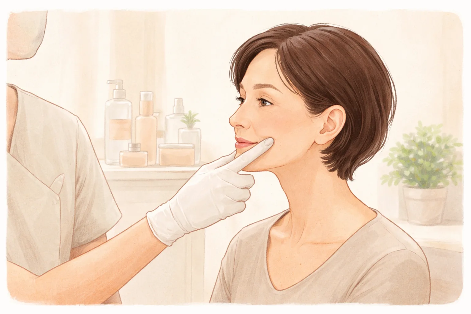 醫師戴手套以手指按壓女性患者臉頰