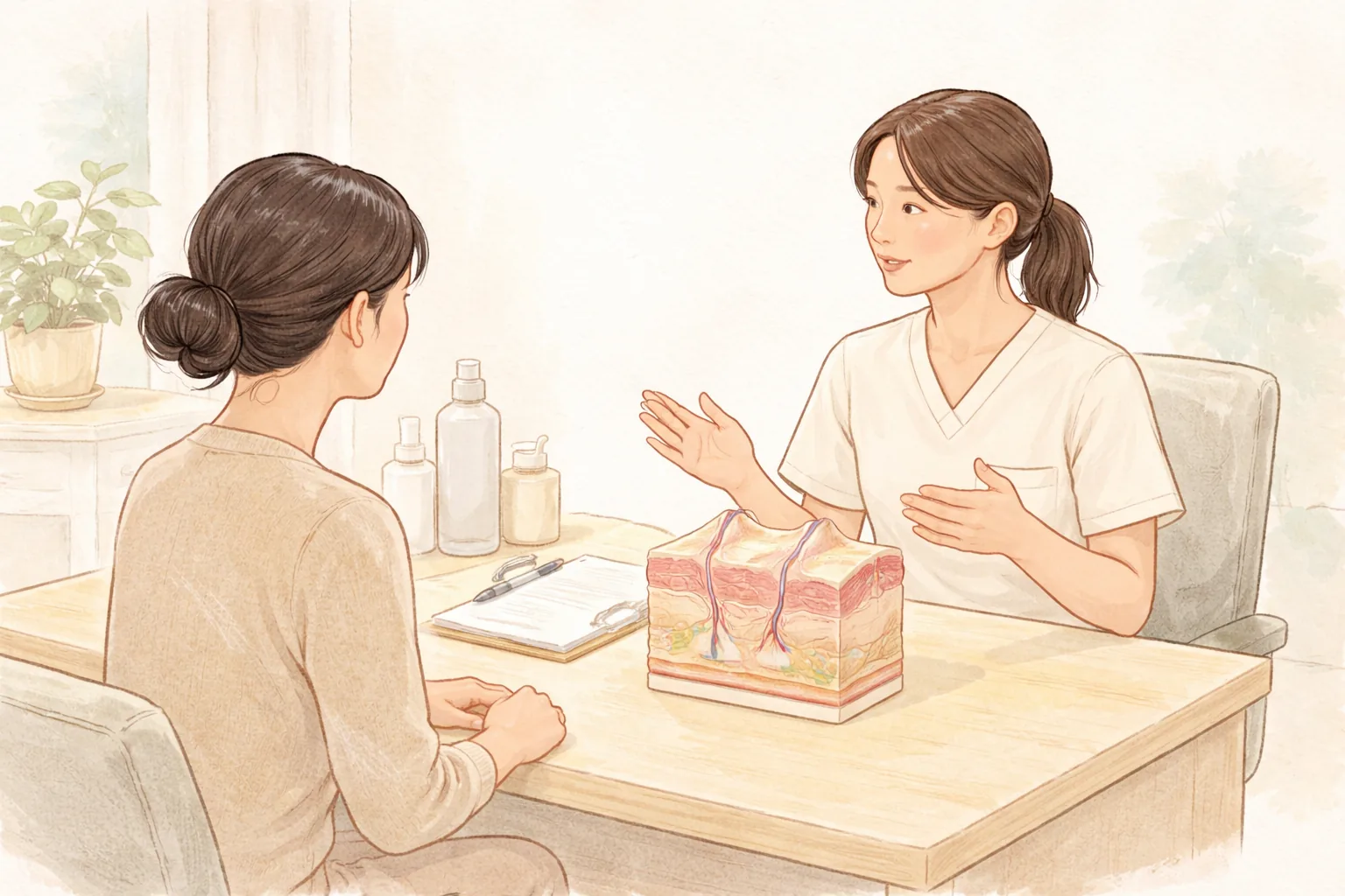 在诊室里与女性患者面诊的医疗人员，桌上放着皮肤结构模型