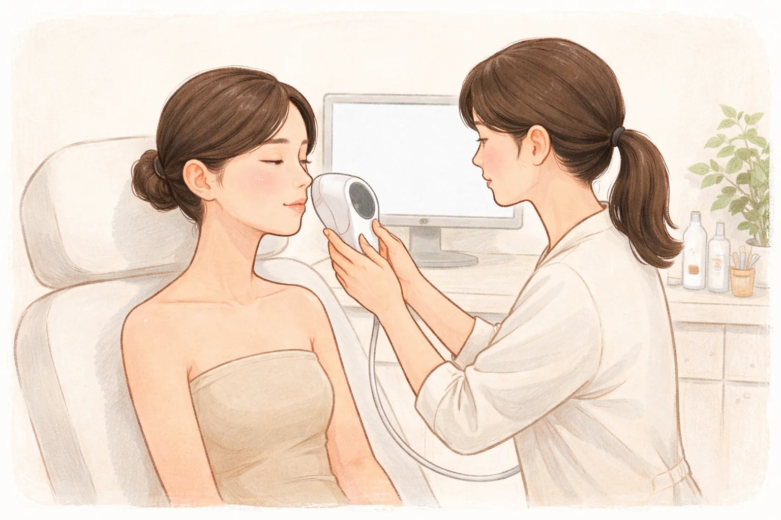 환자의 볼을 피부 분석 카메라로 촬영하는 의료진과 환자