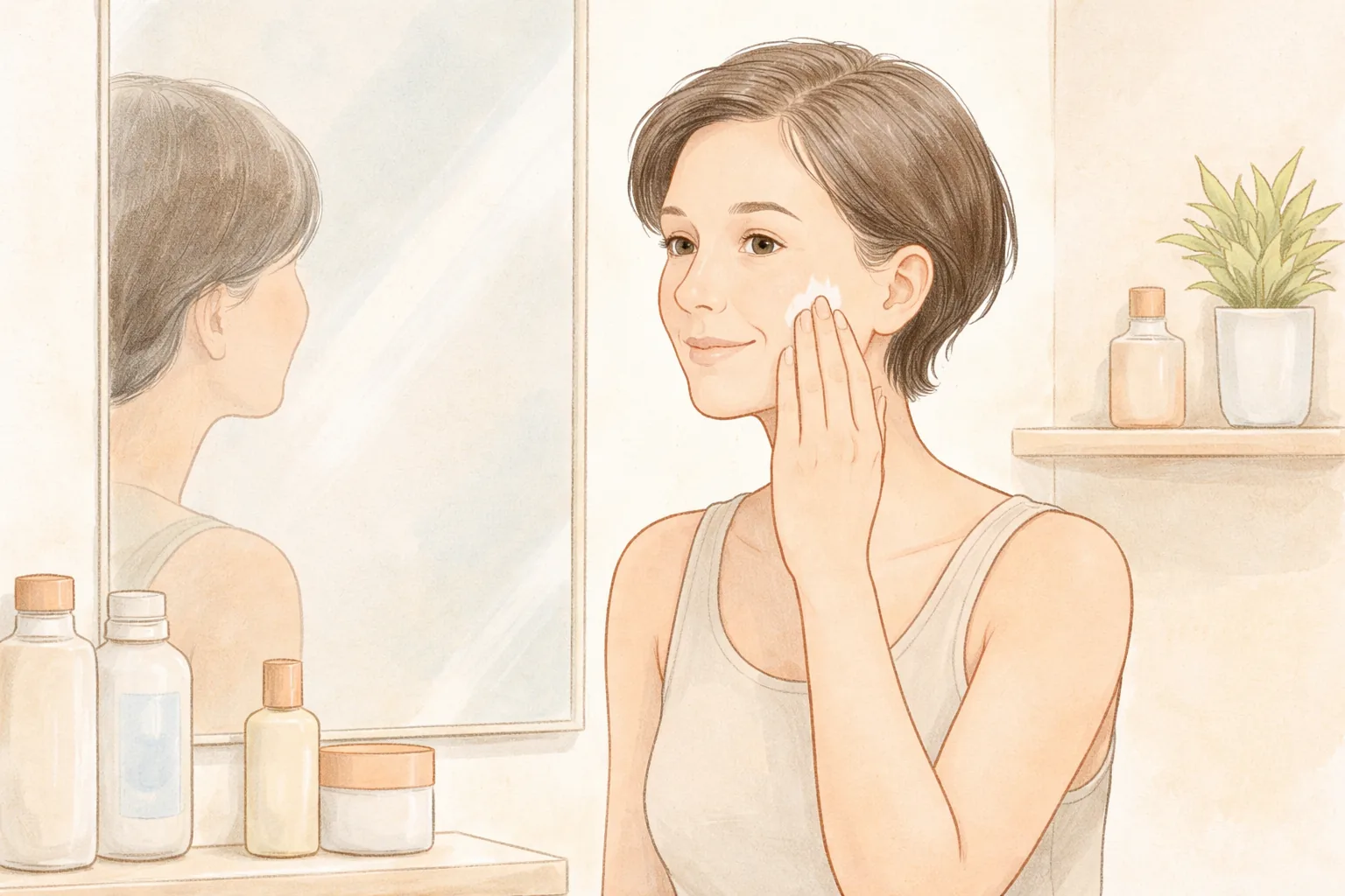 Woman applying cream to her face with her hands in front of a mirror