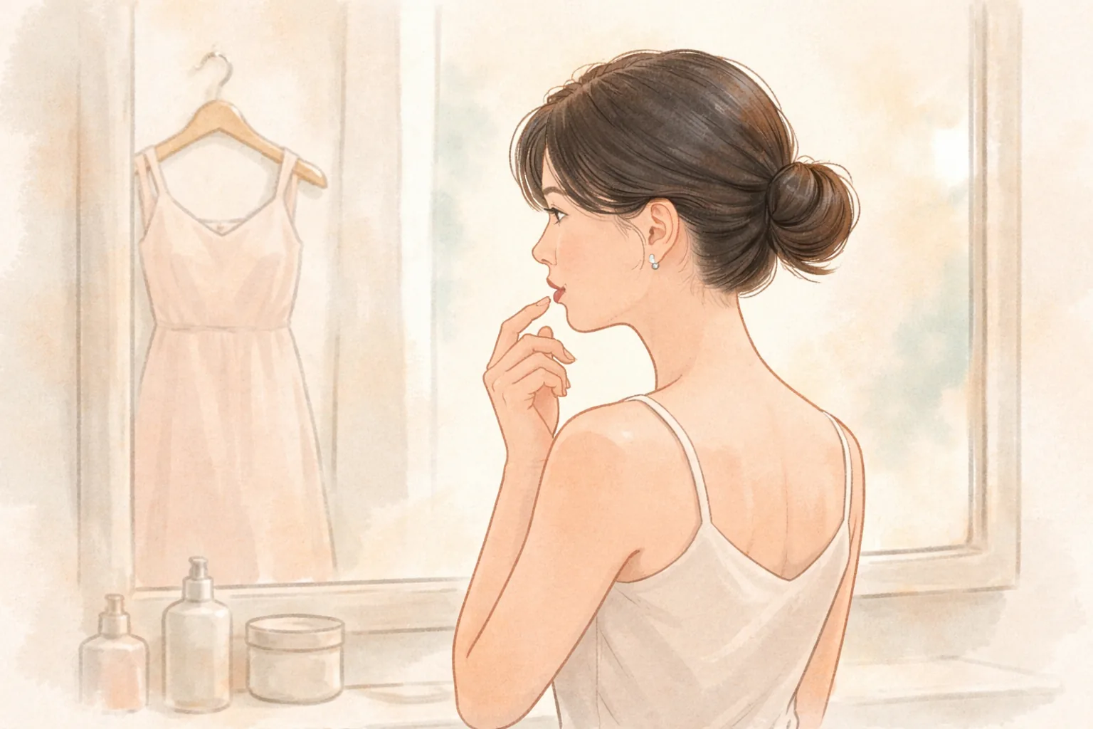 Woman touching her lip thoughtfully in front of a mirror with a dress hanging behind