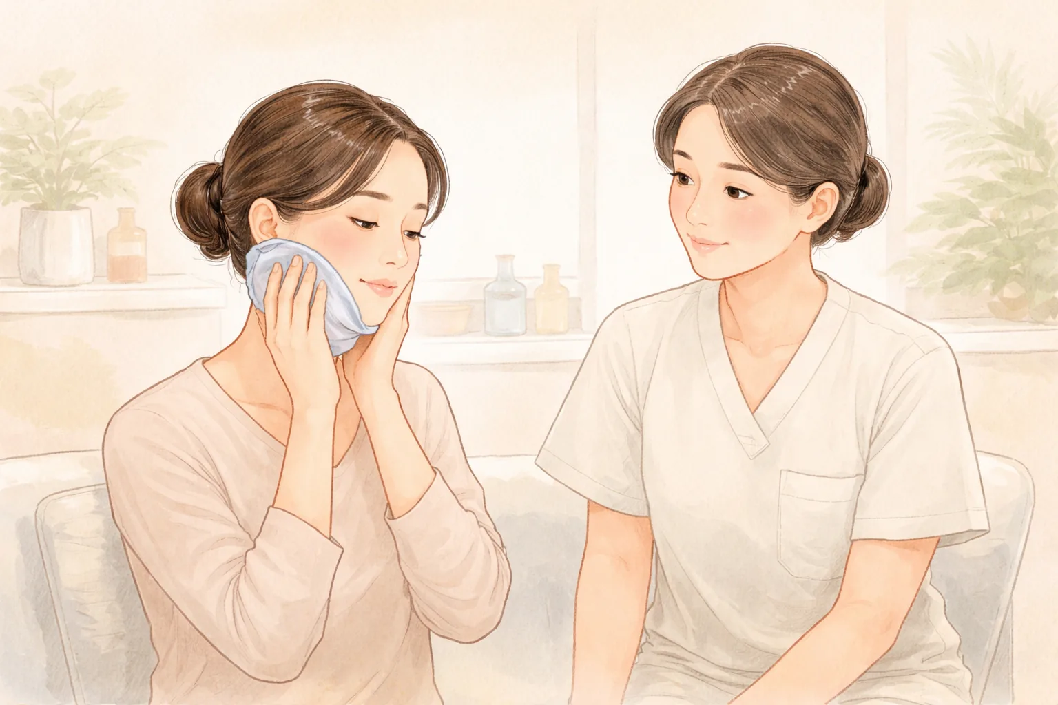 턱에 냉찜질 팩을 대고 앉아 있는 여성과 옆에 앉아 있는 의료진