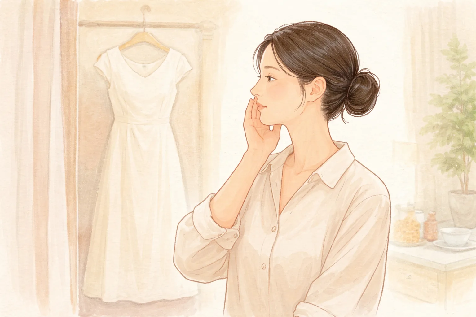 Woman with tied hair in an ivory shirt touching her cheek, with an ivory dress in the background