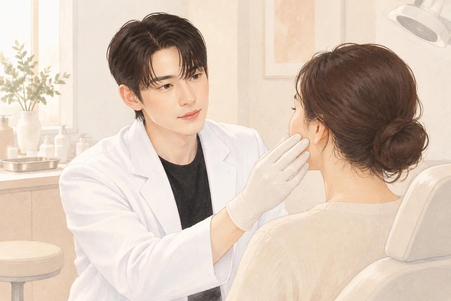 장갑 낀 손으로 환자의 얼굴을 살피는 남성 의사와 환자 모습