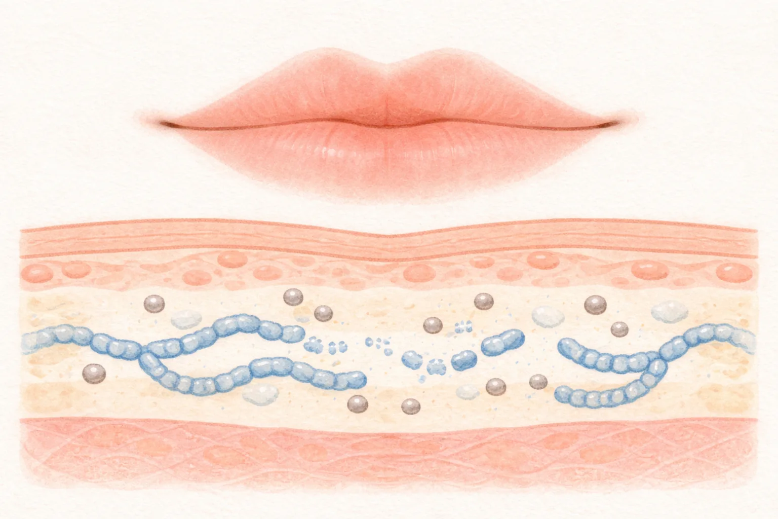 Corte transversal de los labios y cadenas de ácido hialurónico fragmentándose