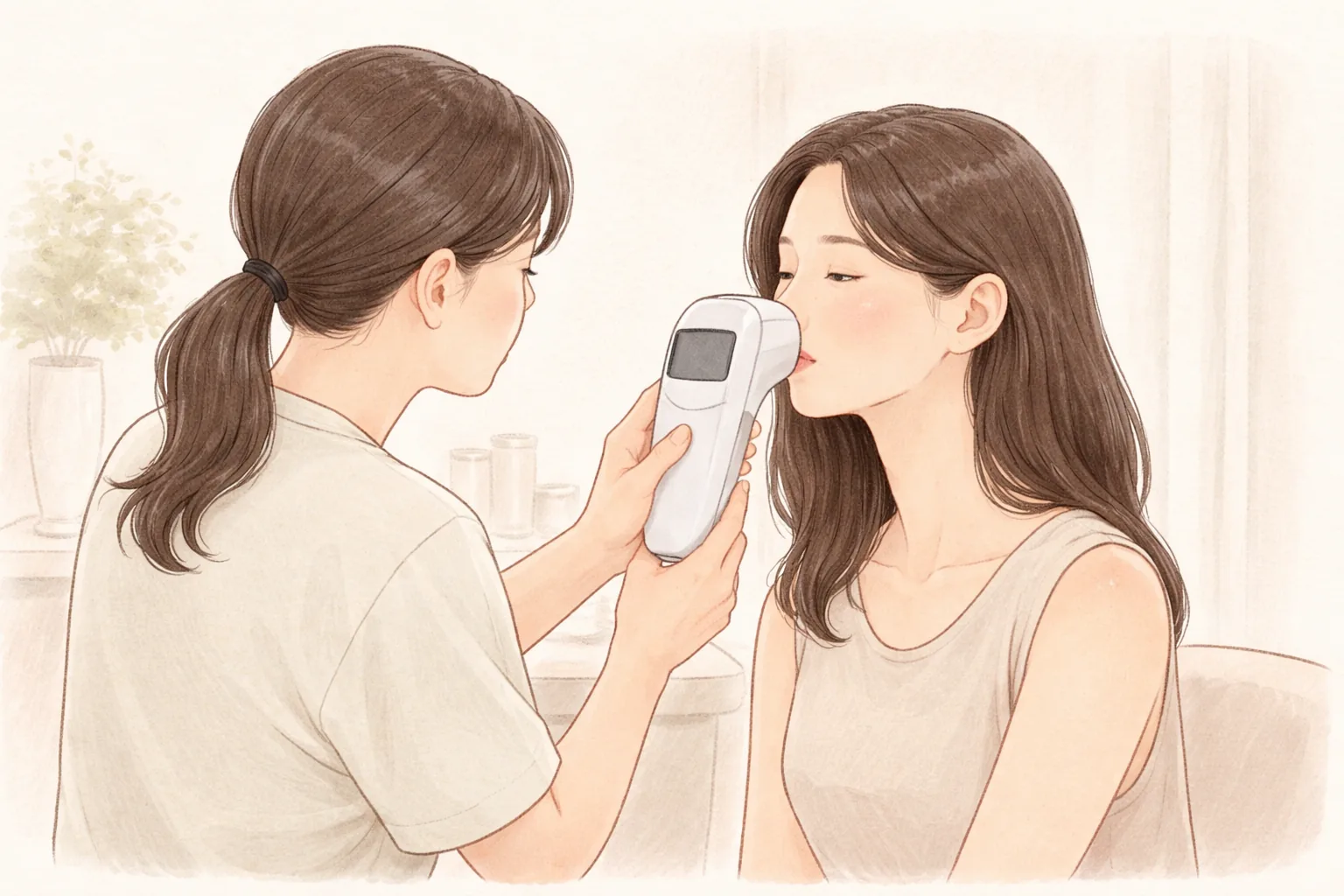 医务人员把皮肤分析仪器靠近女性脸颊