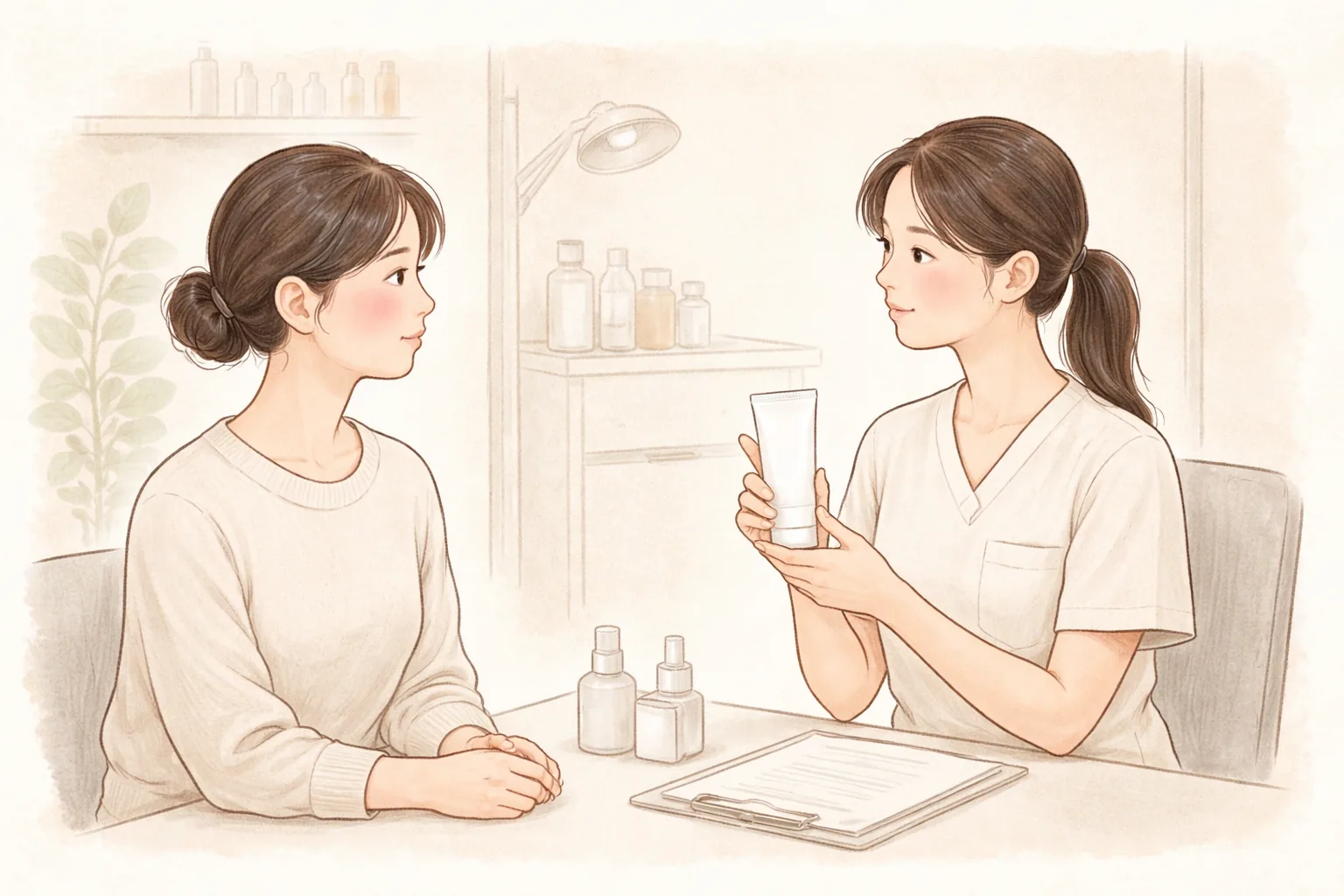 Woman with flushed cheeks consulting with a clinician