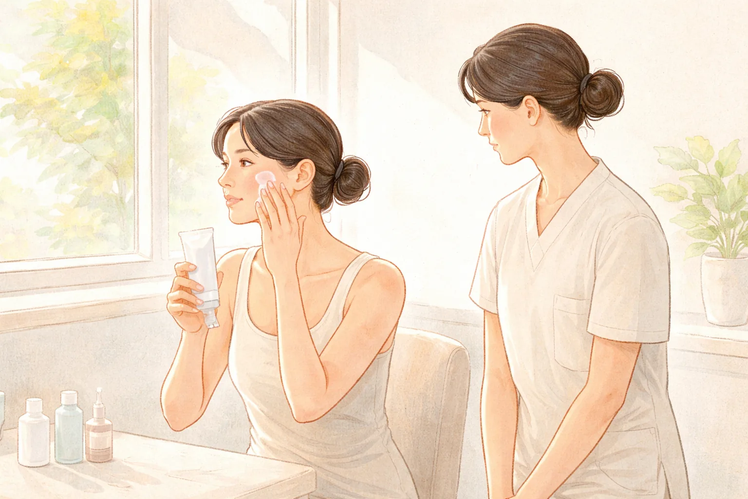 女性坐在桌前將保養品塗在臉上,另一人在旁觀看