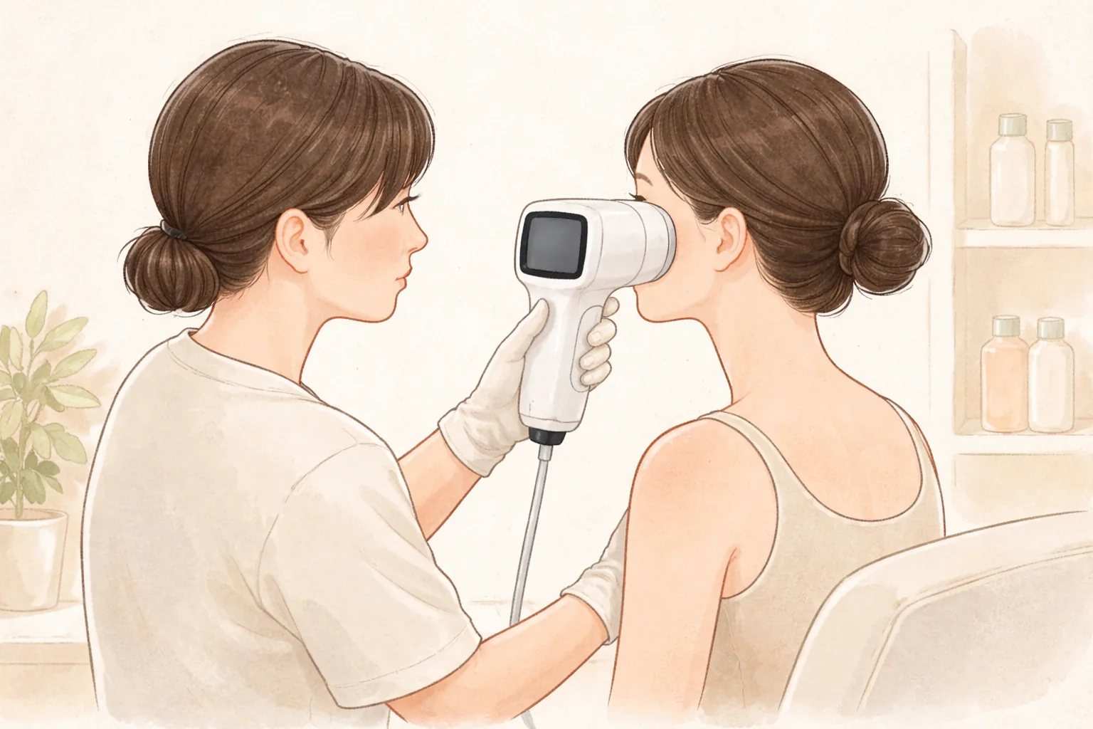 Profesional médico aplicando un equipo de análisis de piel en el rostro de una mujer