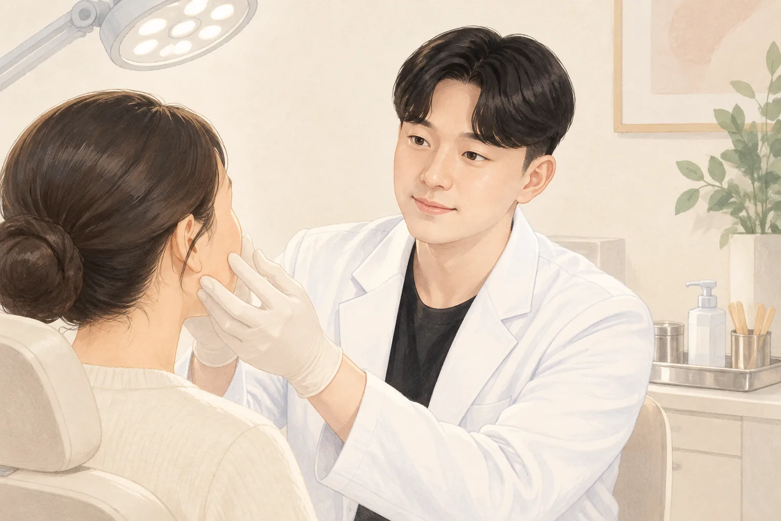화이트 코트를 입은 남자가 앉아 있는 여성의 얼굴을 부드럽게 만지고 있다