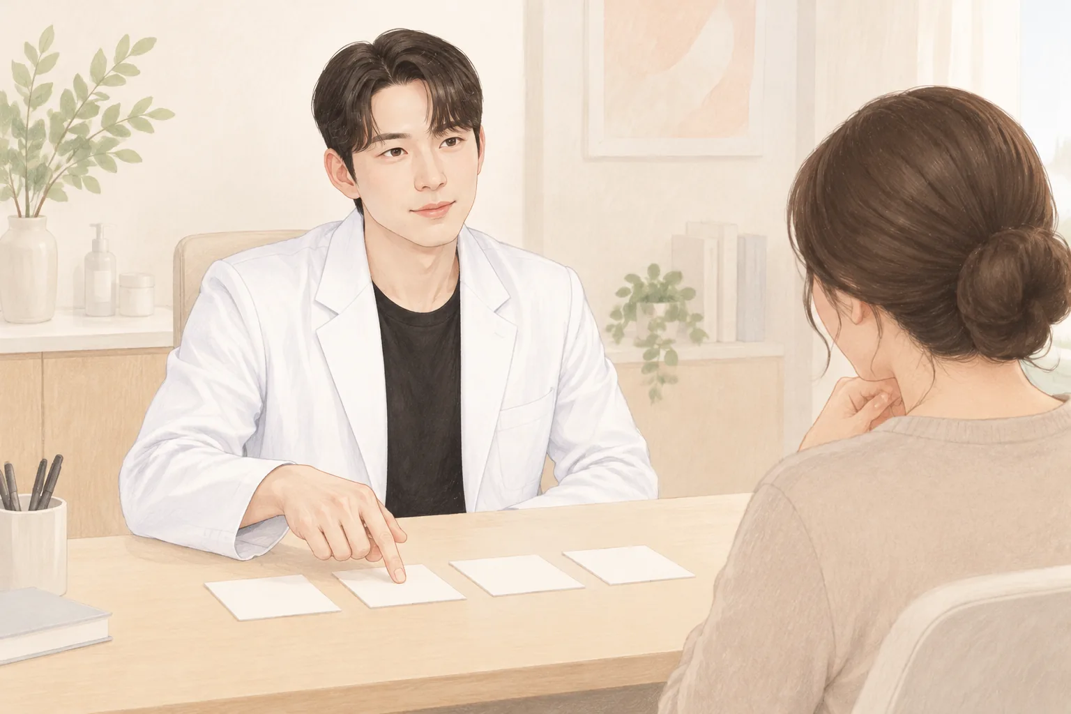 책상에 앉아 있는 의사가 환자에게 설명하는 모습