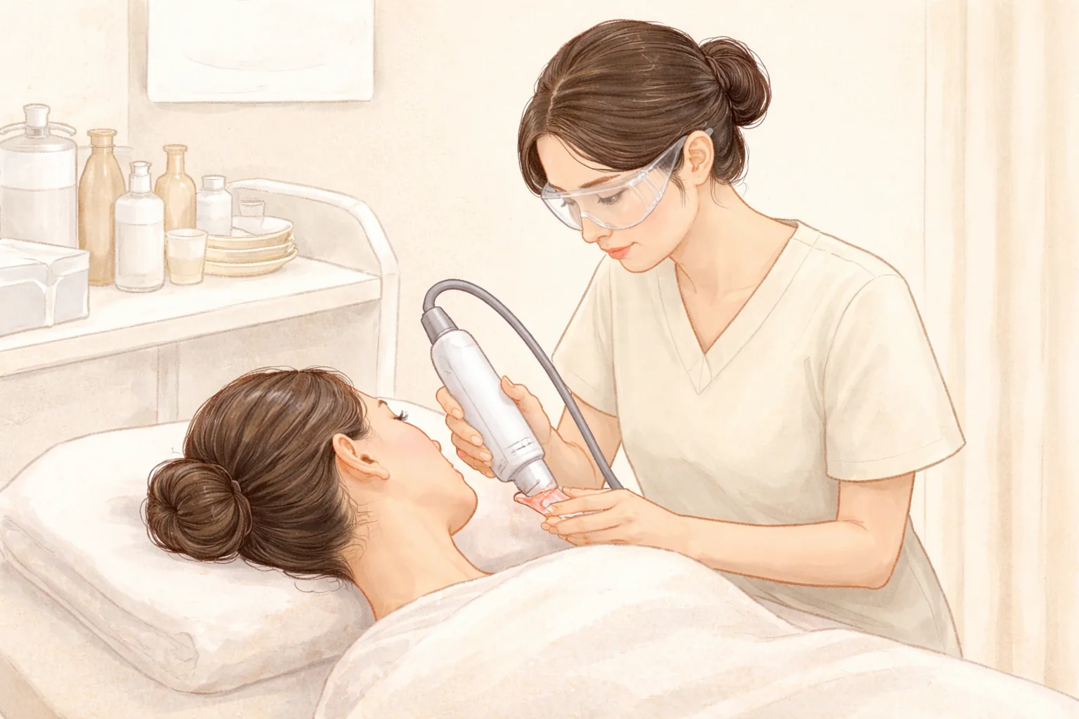 Female clinician applying a laser device to the face of a woman lying on a clinic bed