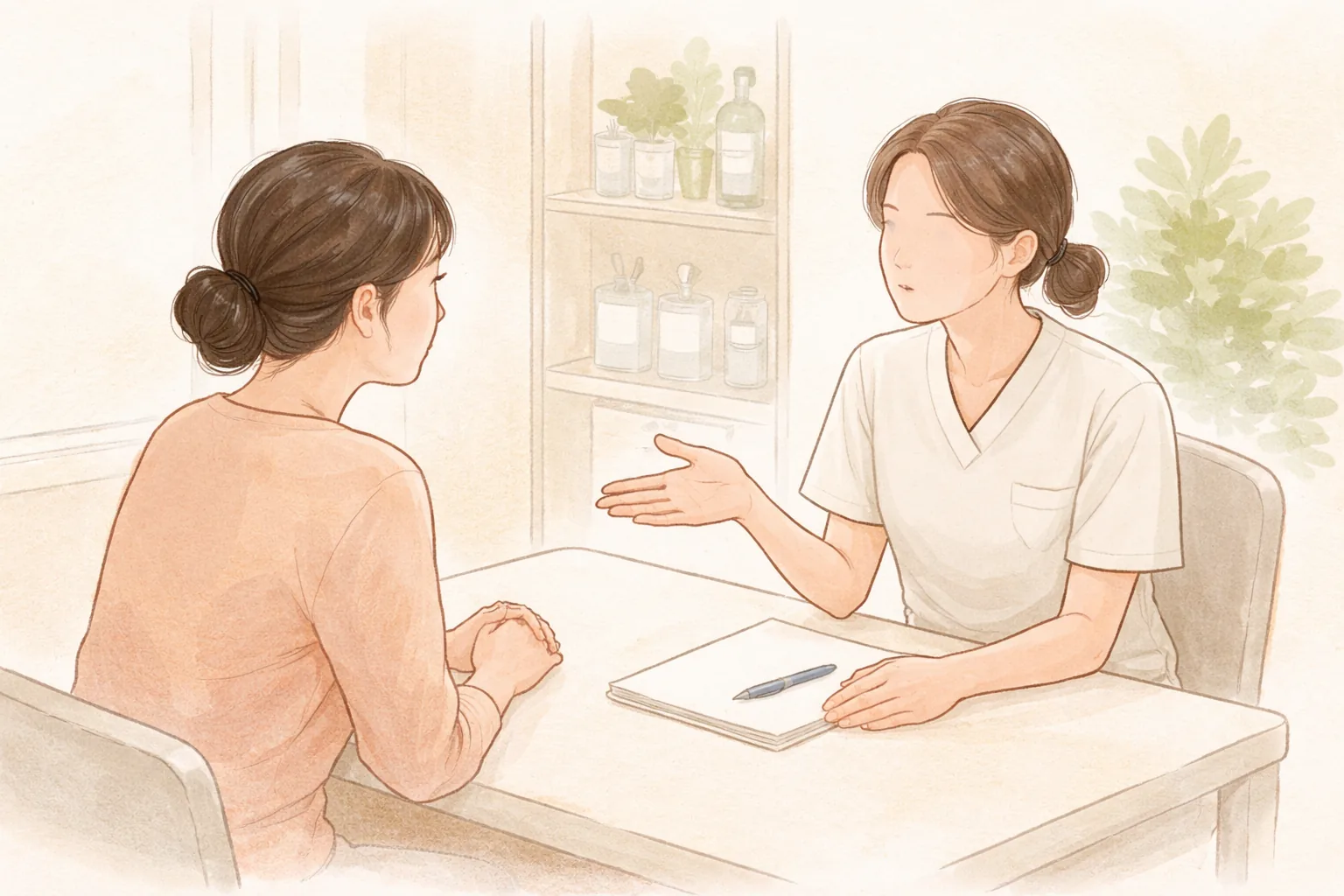 Mujer y profesional conversando frente a frente en una mesa de consulta