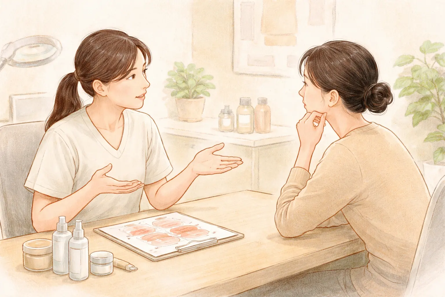 Tenaga medis menjelaskan kepada wanita yang duduk di meja konsultasi