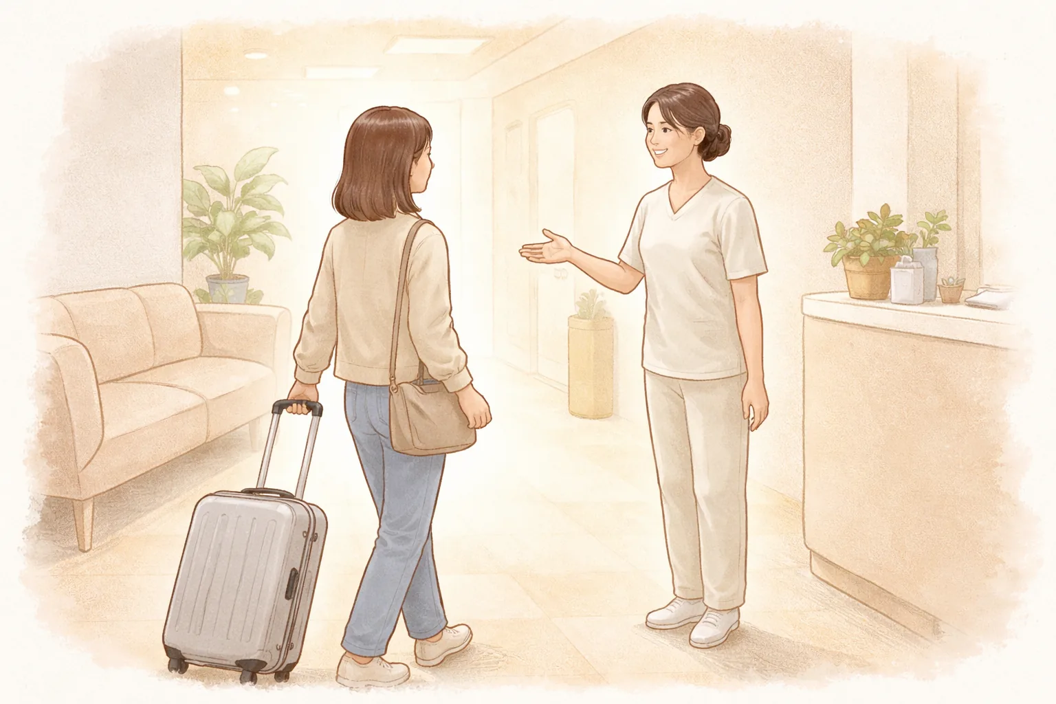 Visitante con maleta entrando a la sala de espera y personal médico saludándola