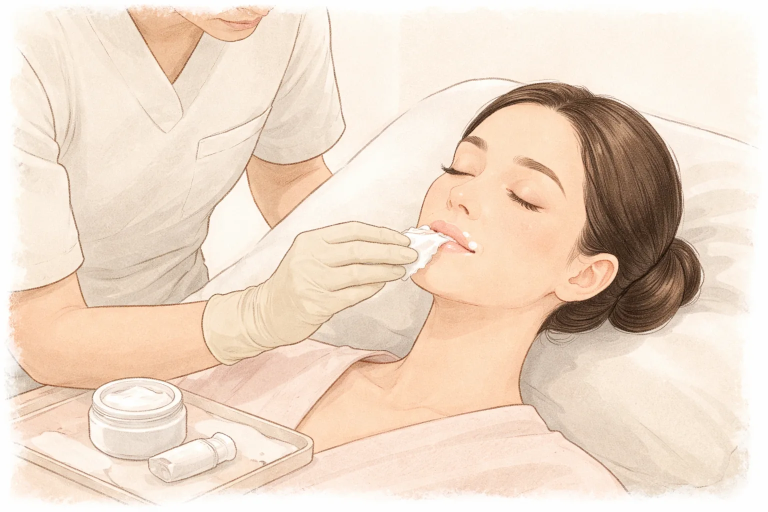 Una persona con guantes aplicando crema en los labios con una gasa