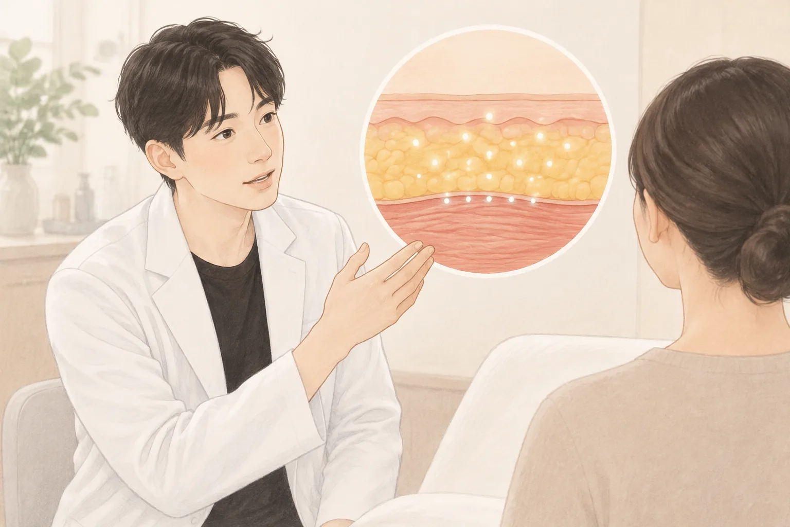 男性の医療スタッフが女性患者に皮膚の断面図を見せて説明する様子