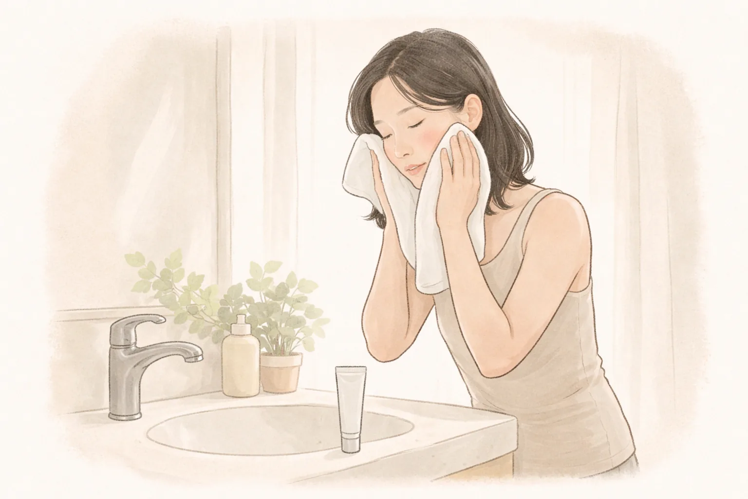 Woman drying her face with a towel in front of a bathroom sink