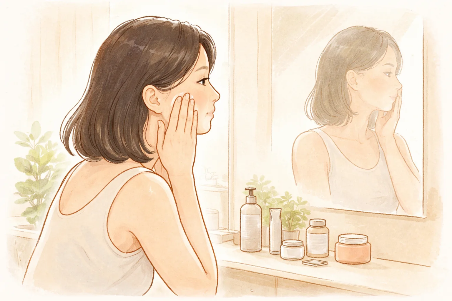 Mujer aplicándose crema hidratante en las mejillas frente al espejo del baño