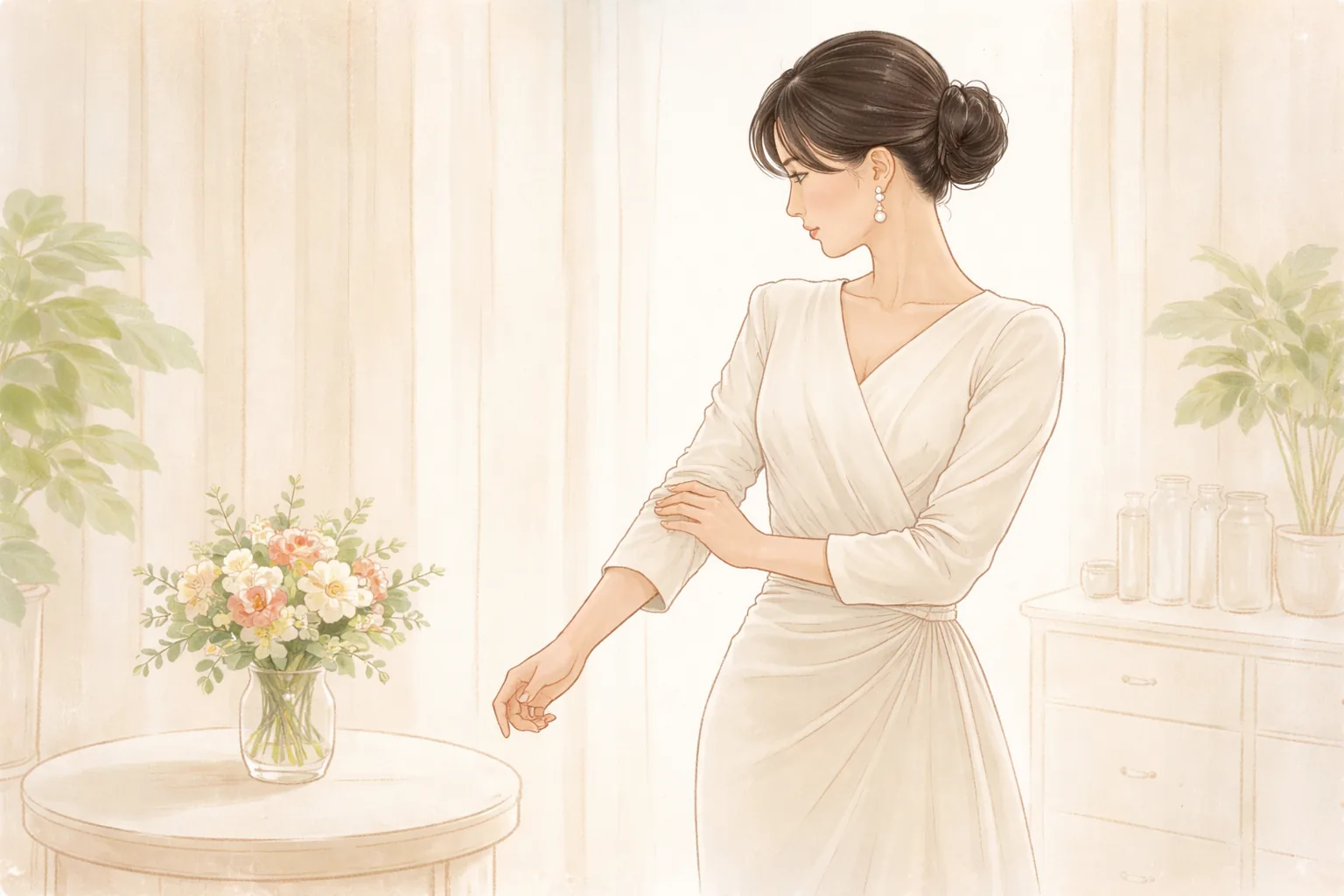 밝은 방에서 단정한 옷차림의 여성이 옆 탁자 위 꽃다발을 보며 서 있음