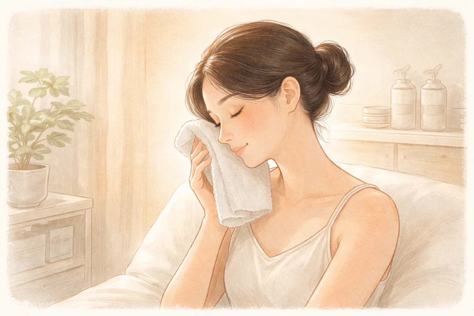 女性がソファに座り、冷たいタオルを頬に当てている様子