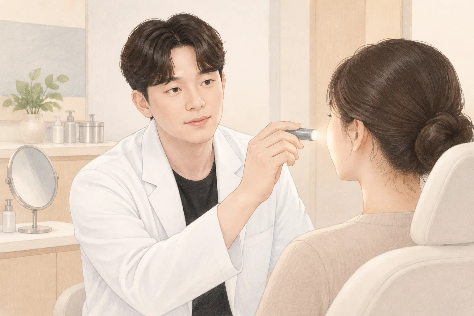 의사가 환자의 얼굴을 살피는 장면