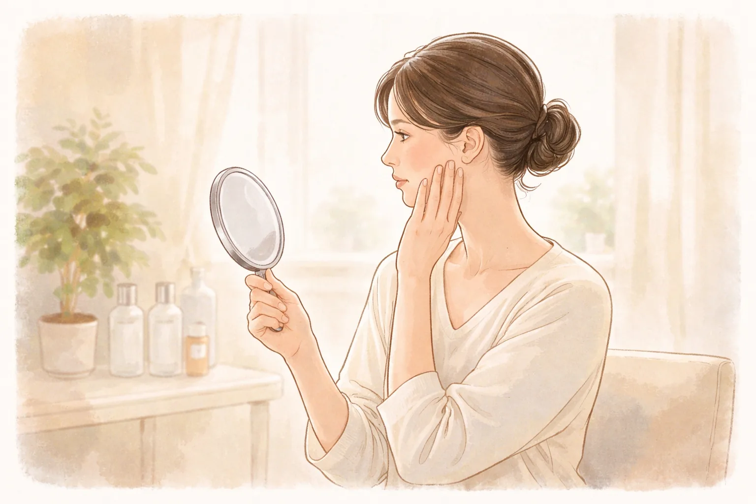 거울을 들고 자신의 얼굴을 살피는 머리를 묶은 여성