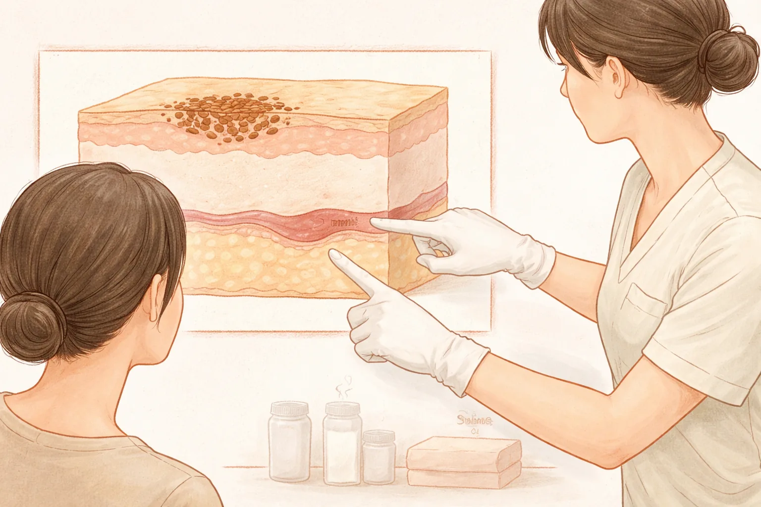 Two gloved hands pointing at a skin cross-section model