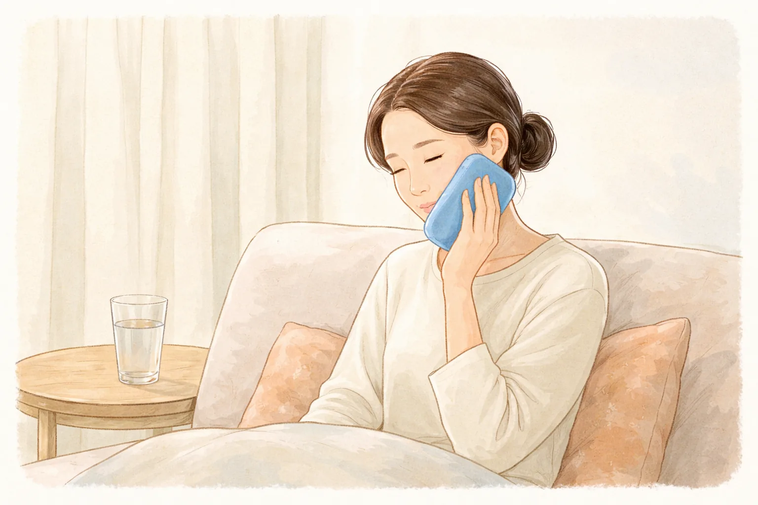 소파에 앉아 볼에 쿨 젤 팩을 대고 있는 여성과 옆에 놓인 유리잔