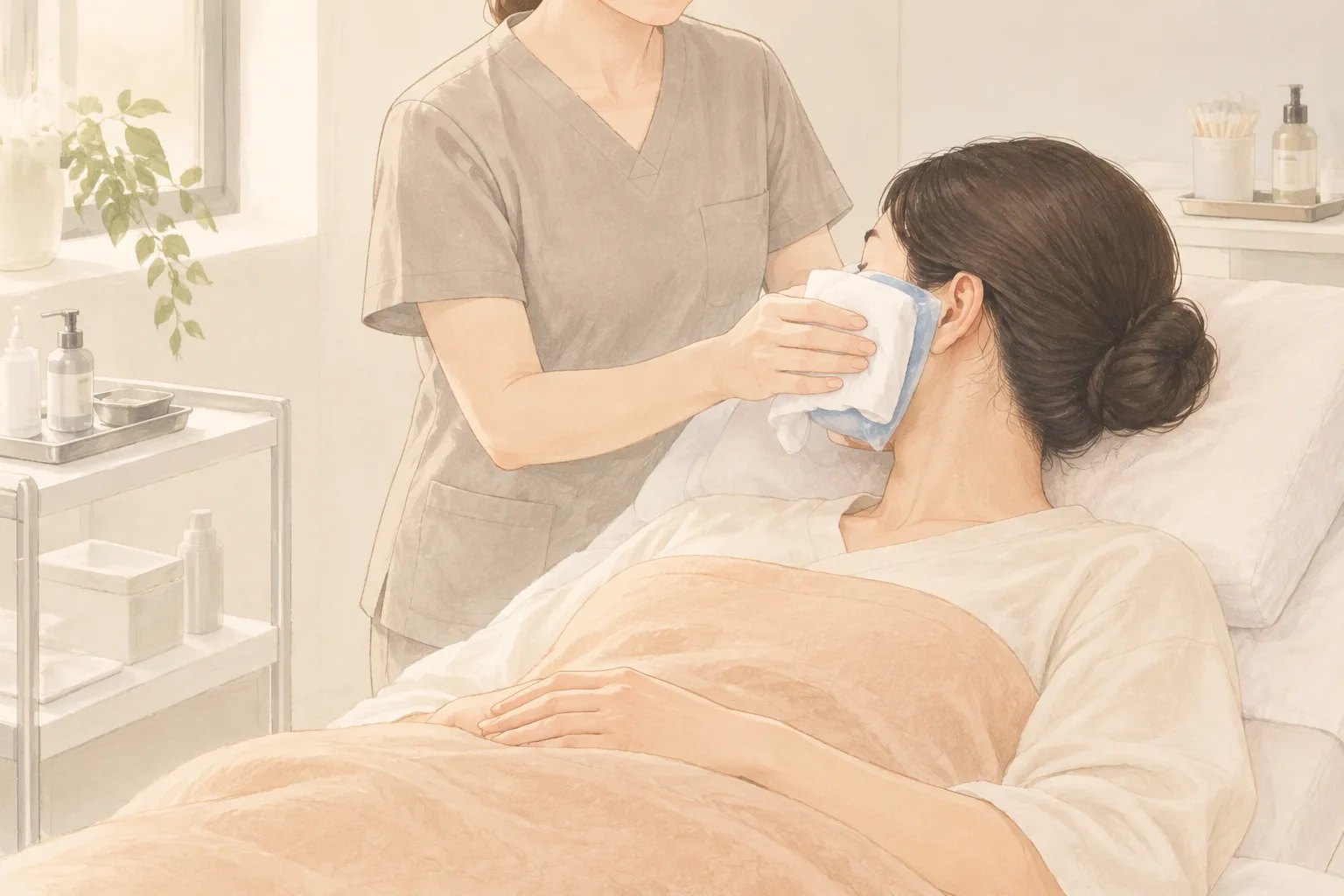 환자가 누워 있고 직원이 환자 볼에 차가운 젤 팩을 대고 있음