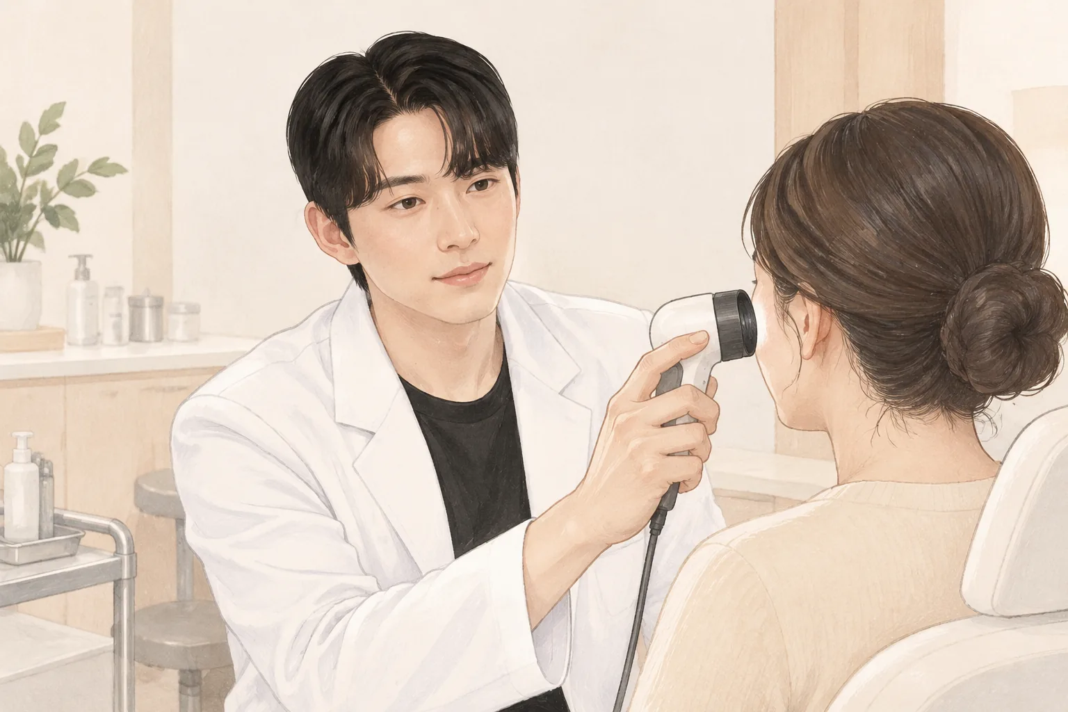 Dokter memotret pipi pasien dengan kamera analisis kulit