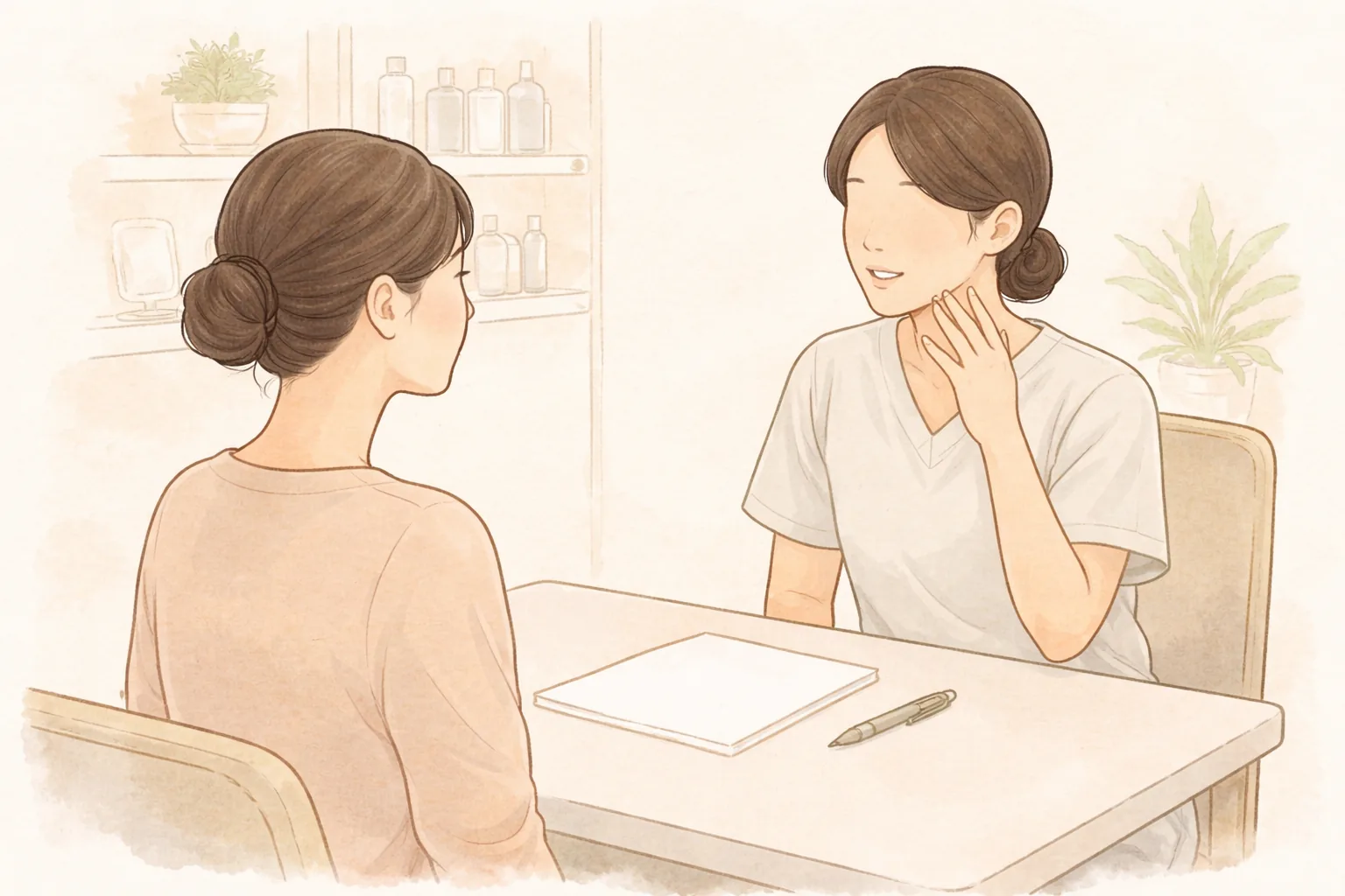 En la sala de consulta, una profesional de la salud conversa con una mujer mientras señala su mentón