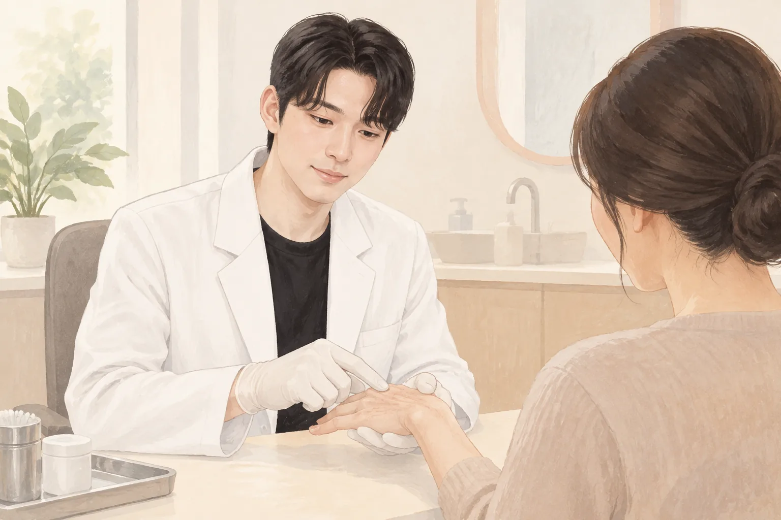 의사가 환자의 손등을 보며 손끝으로 가리키고 있음