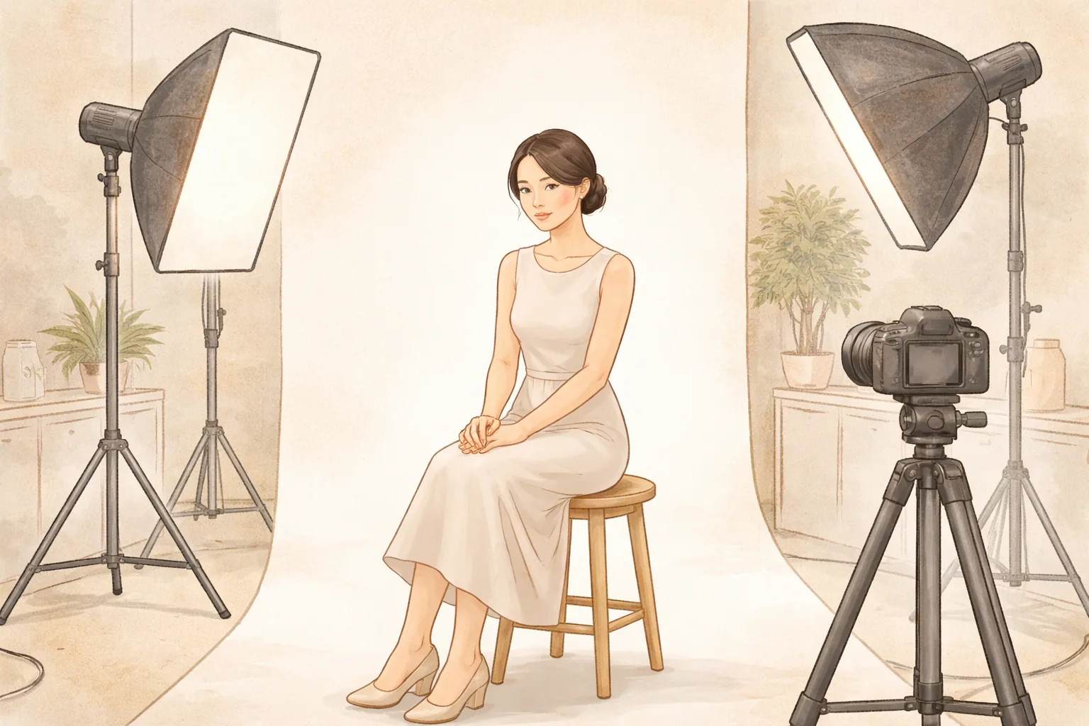 スタジオ撮影用ライトの前の椅子に座っているドレス姿の女性