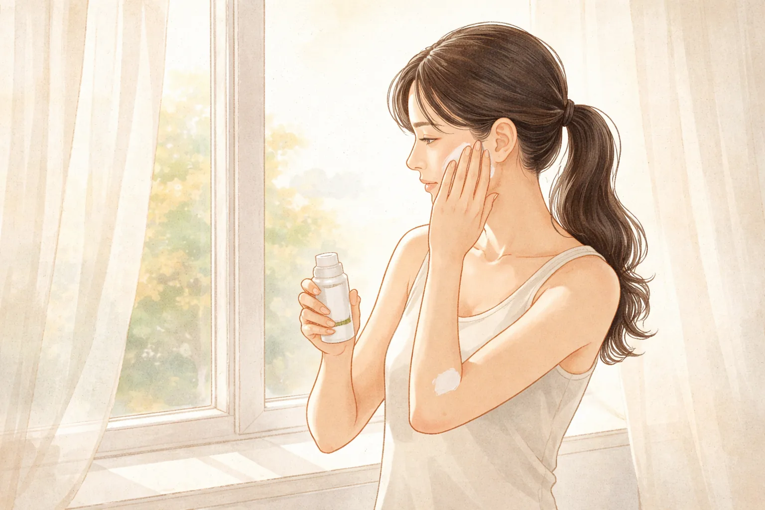창가에서 얼굴과 팔에 자외선 차단제를 바르는 여성