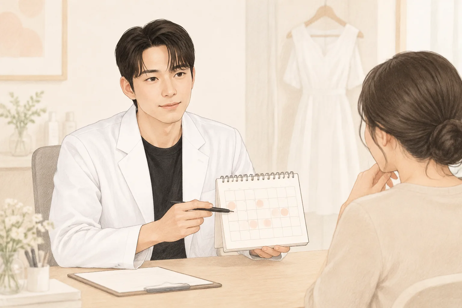 白衣の男性がカレンダーを持って女性と相談する様子