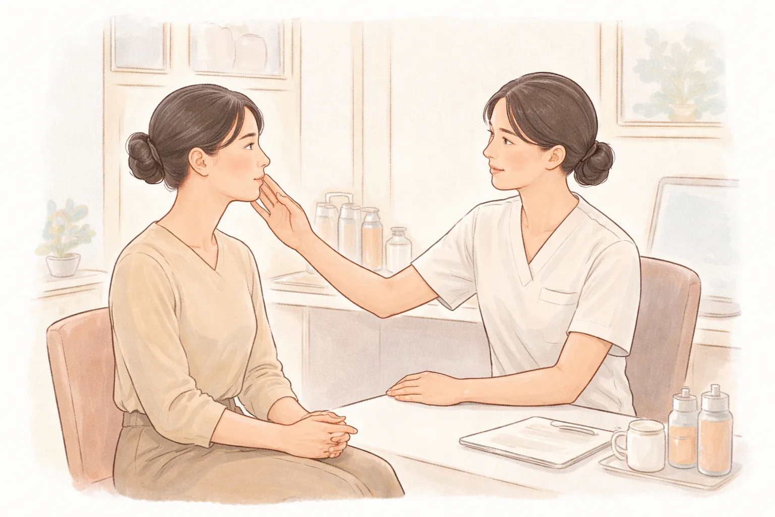 Female clinician pointing at another woman's cheek while explaining in a consultation room