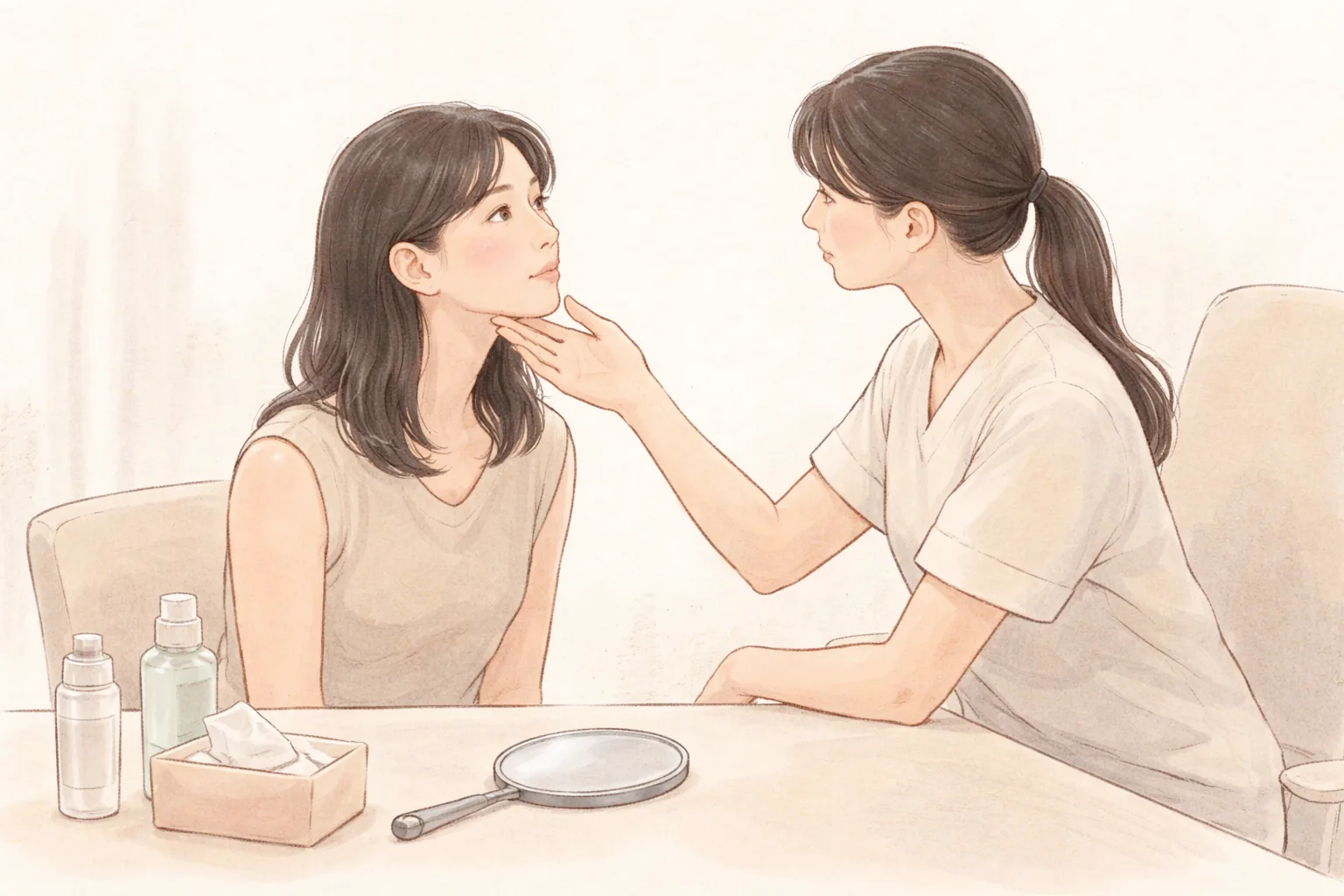 女性が座り医療従事者が女性のあごを支えて頬を診ている