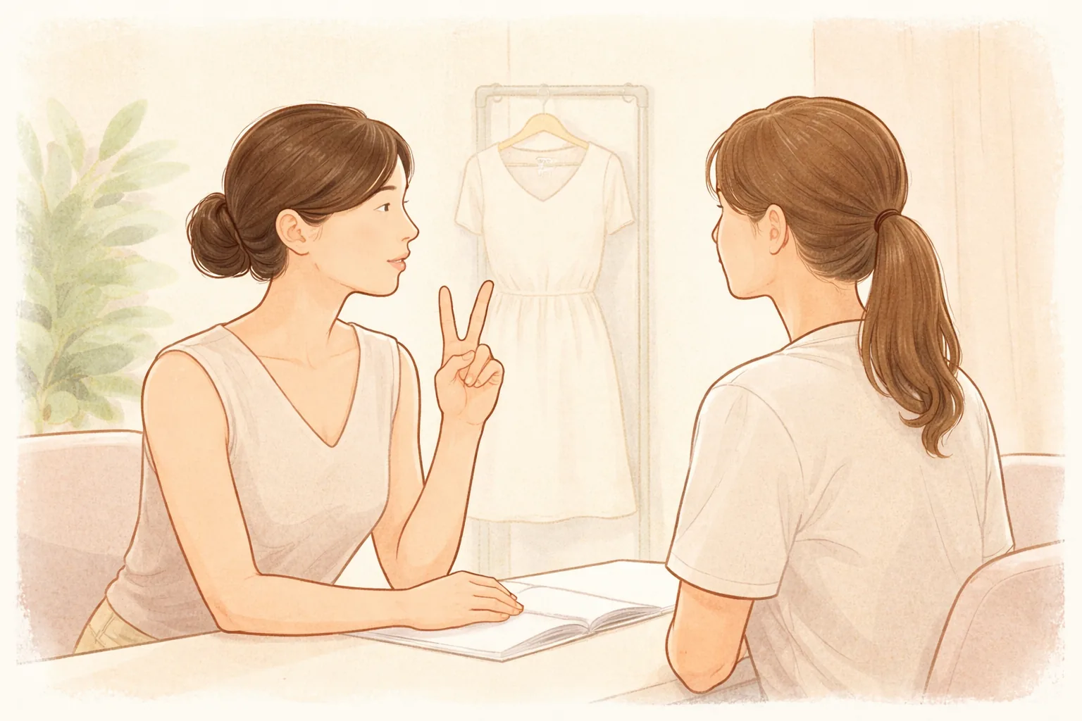 Two women sitting at a desk in a consultation room discussing