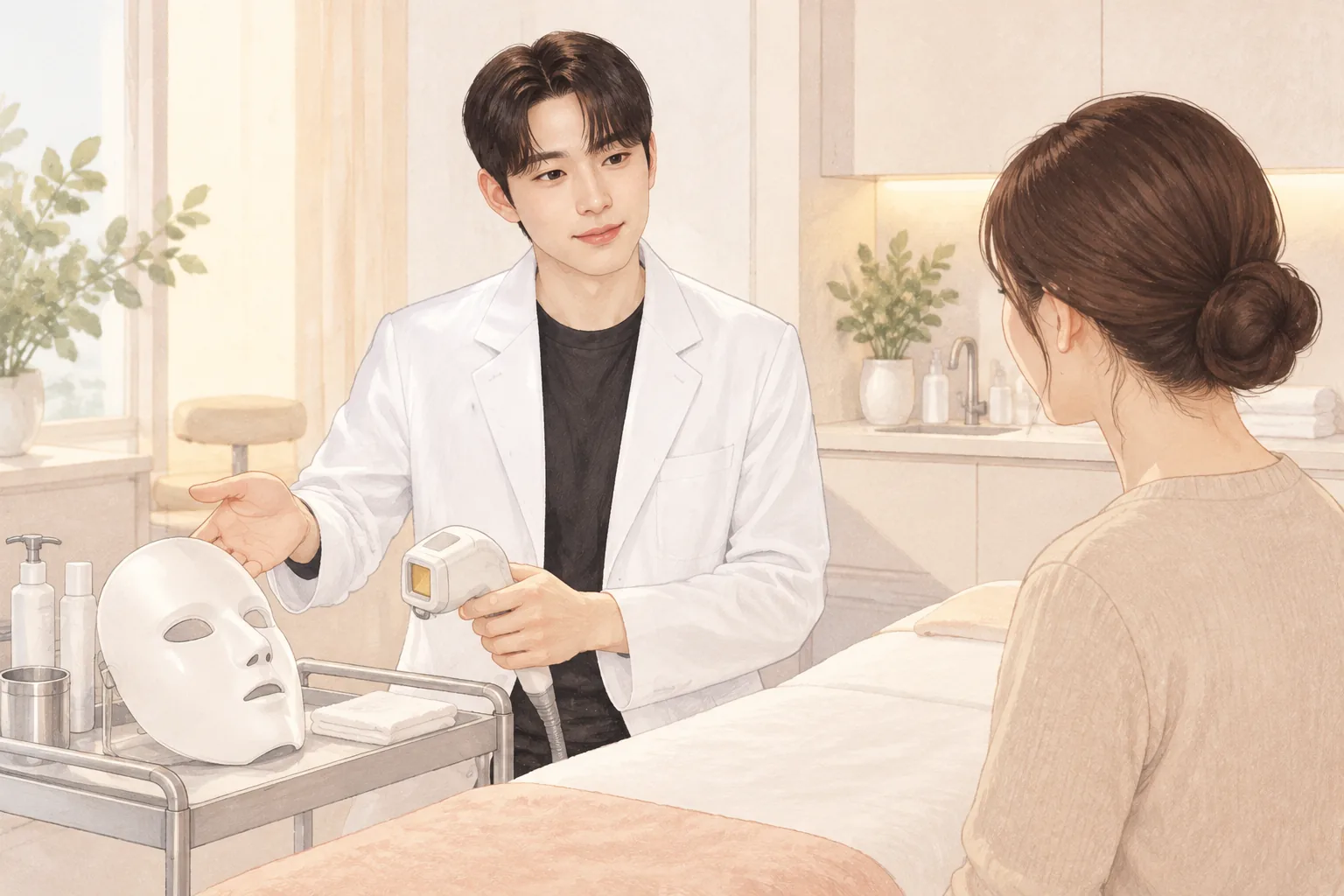 남성 원장이 냉각 마스크와 리프팅 기기를 앞에 두고 여성 환자에게 설명하는 장면