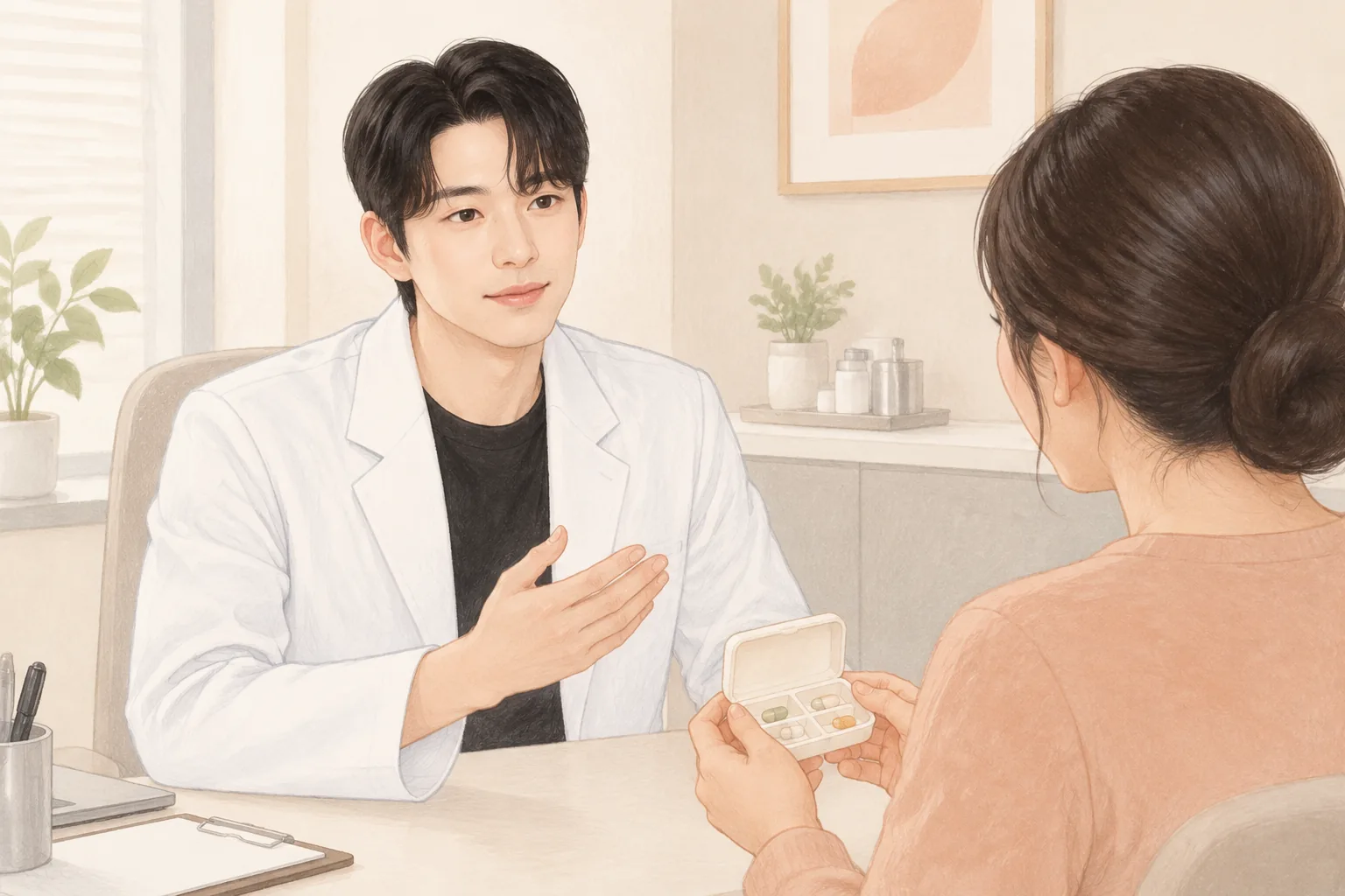 A patient holding medication in a consultation room and a doctor listening with a raised hand