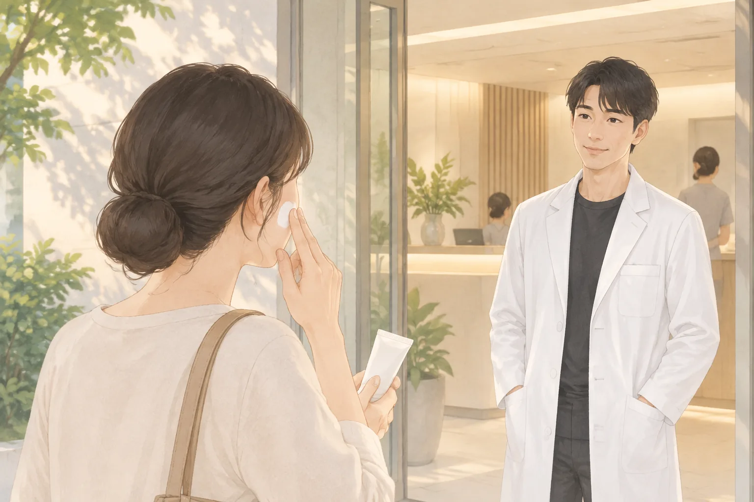クリニックの入口で紫外線遮断剤を塗る女性と医師の様子