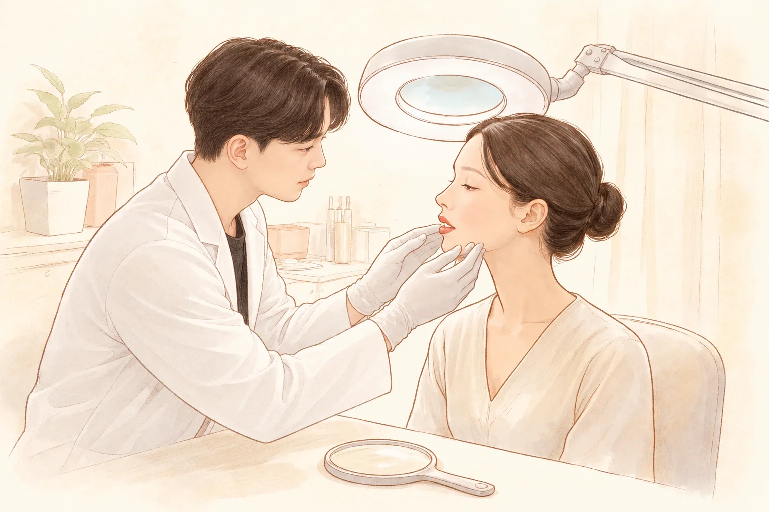 医療スタッフが手袋をした手で女性のあごと唇を診ている様子