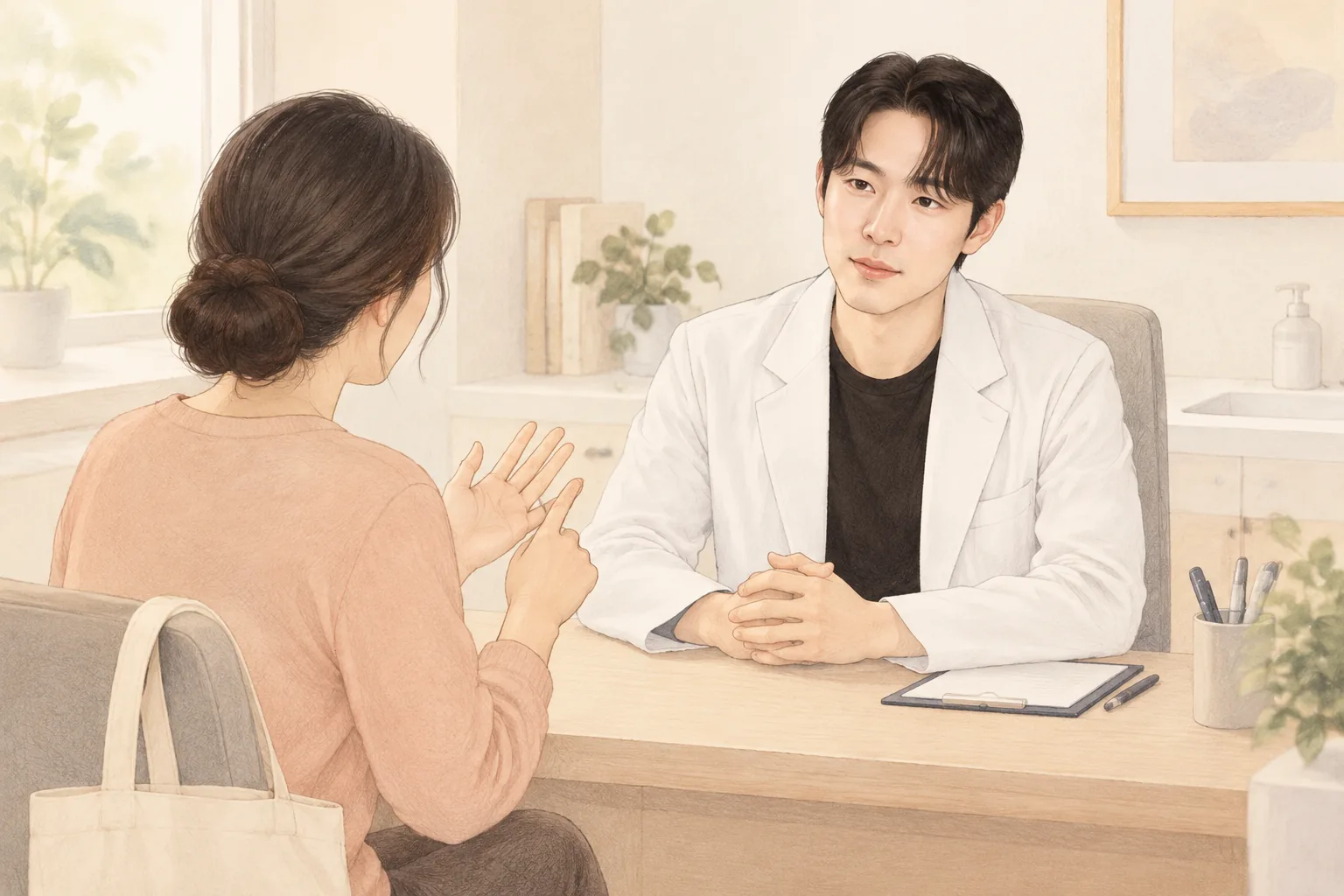 상담실에서 손가락으로 주를 세는 여성과 이를 듣는 남성 원장