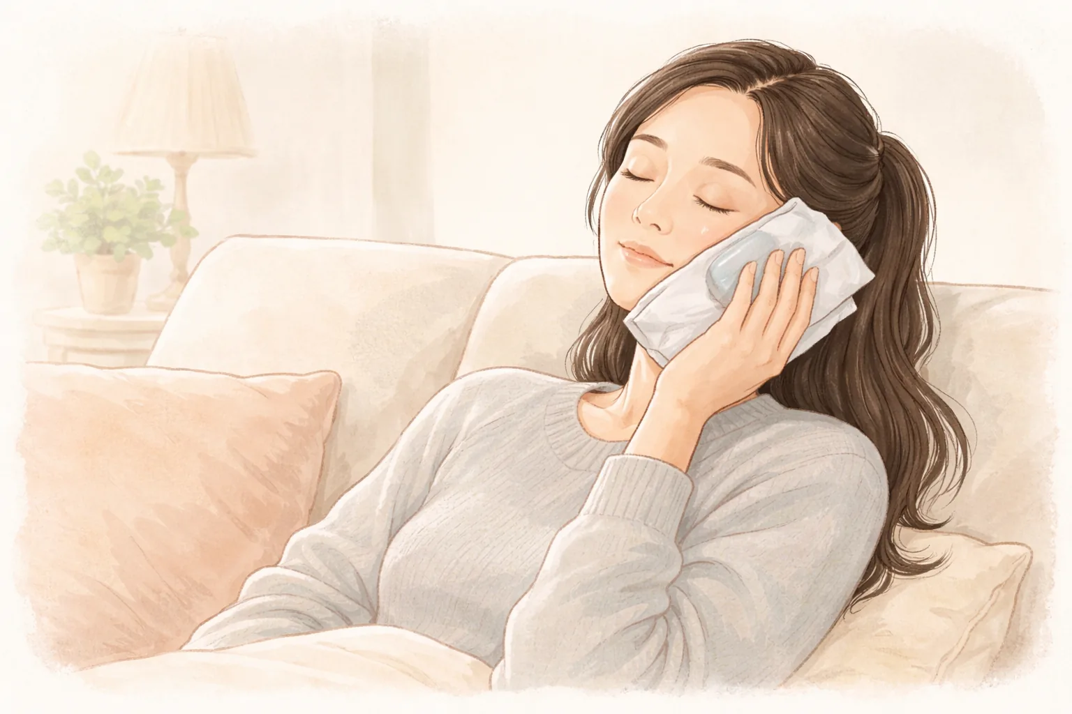 躺在沙發上，將包著薄布的熱敷袋貼在臉頰的女性