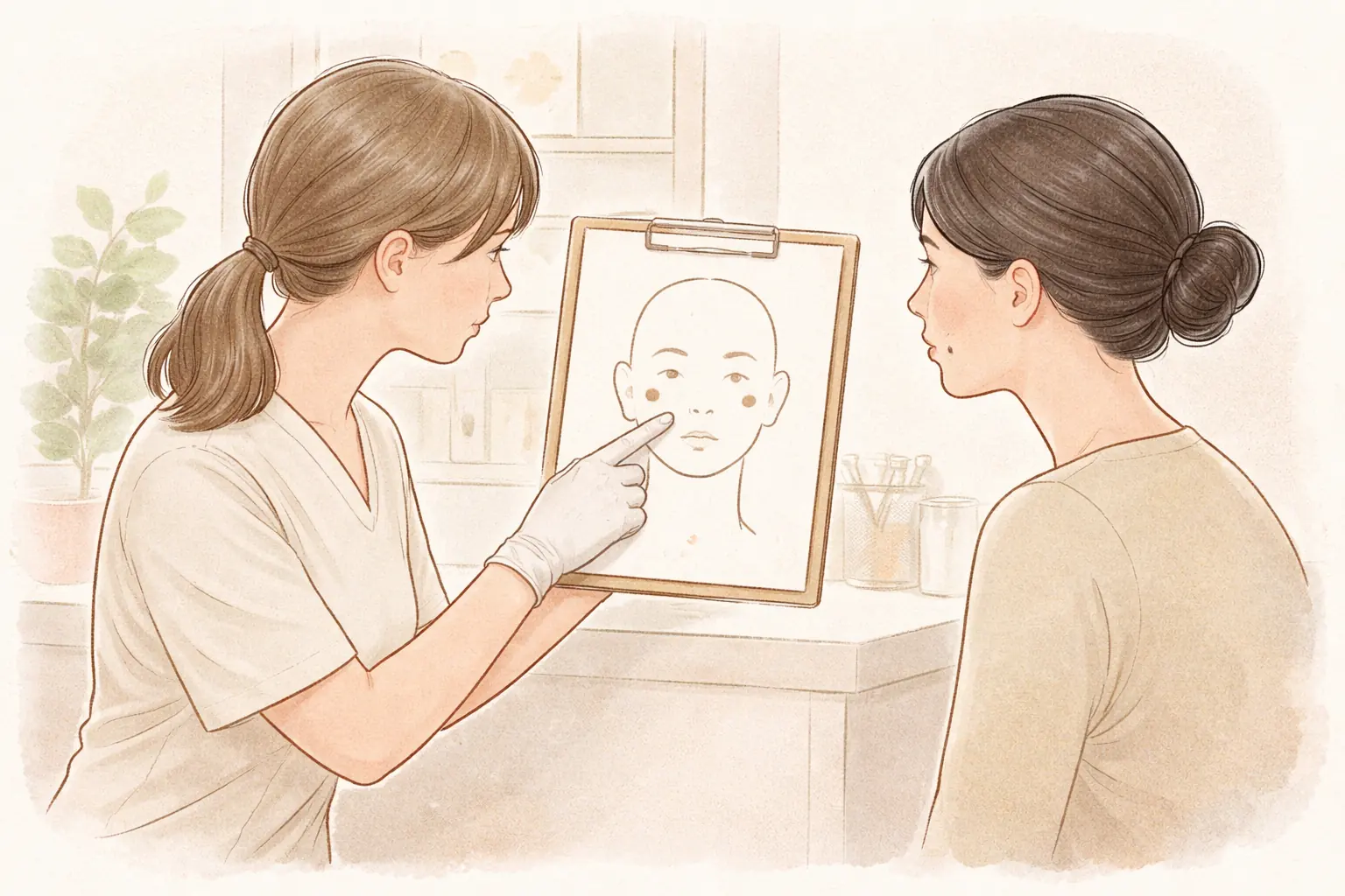 Clinician pointing at a brown spot marked on a facial diagram while a female patient watches