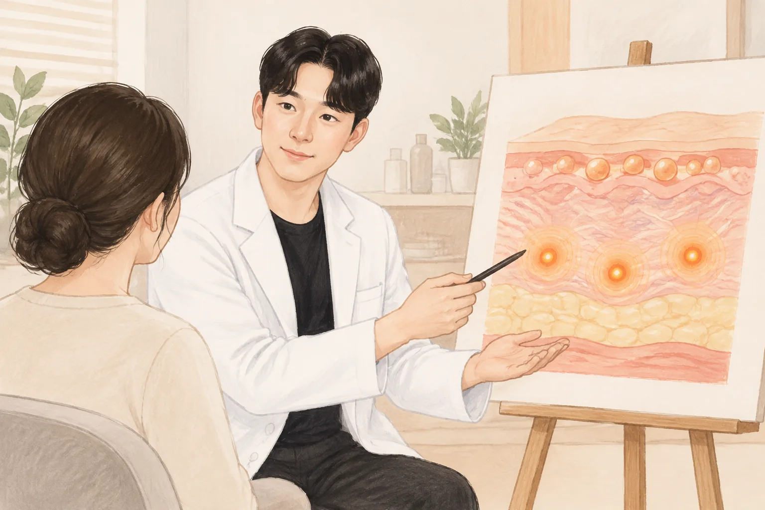 의사가 피부 단면 모형을 가리키며 설명하는 장면과 환자가 듣고 있음